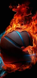 Basketball engulfed in vibrant flames for an energetic phone wallpaper.