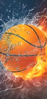 Basketball engulfed in flames and water splash mobile wallpaper.