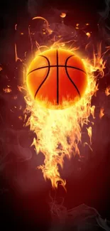 Fiery basketball with flames on dark background wallpaper.