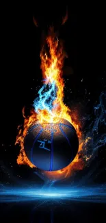 Basketball engulfed in vibrant flames on a dark background, perfect for sports fans.