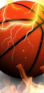 Fiery basketball with lightning and flames, dynamic sports wallpaper.