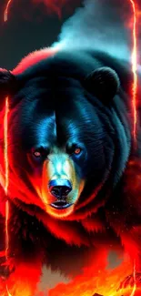 Bear surrounded by vibrant flames in a dynamic wallpaper image.