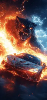 Fiery beast and sportscar in dramatic scene