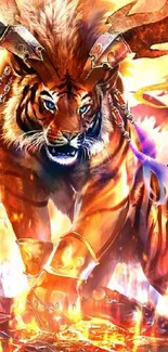 Fantasy tiger-like creature in fiery setting.