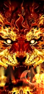 Fiery lion face with vivid flames on phone wallpaper.