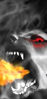 Fiery beast with bright eyes and burning breath on a dark background.