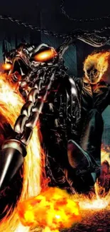 Ghost rider on fiery motorcycle in dark city background.