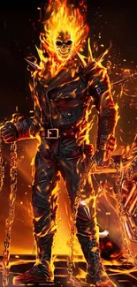 Fiery biker with a flaming skull and chains in dramatic wallpaper.