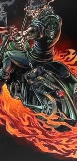 Fiery biker riding motorcycle with blazing flames.