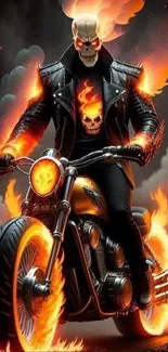 Fiery skeleton rider on a motorcycle with flames.