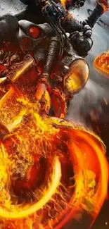 Dynamic wallpaper with a fiery biker and motorcycle engulfed in flames.