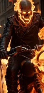 Biker skeleton engulfed in flames riding a motorcycle.