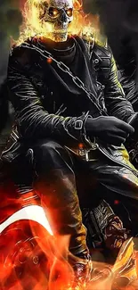 Biker with flaming skull on fire-themed wallpaper.