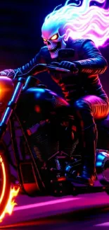 A fiery biker with neon flames on a motorcycle in a vibrant mobile wallpaper.