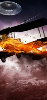 Fiery biplane flies in stormy sky with UFO overhead.