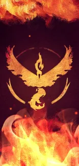 Fiery bird emblem with dynamic flames on phone wallpaper.