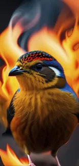 Vibrant orange and blue bird with fiery background.