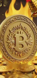 Fiery Bitcoin coin with flames and ornate designs.