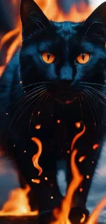 Black cat amidst orange flames with striking eyes.