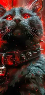 Black cat with skull collar on red background wallpaper.