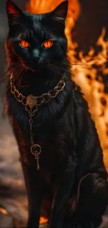 Black cat with fiery flames background in a wallpaper.