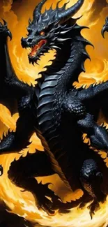 A black dragon with fiery backdrop.