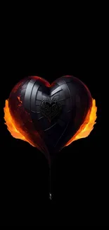 Black heart with fiery flames on a dark background mobile wallpaper.