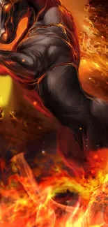 Black horse amidst vibrant flames wallpaper.