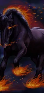 Fiery black horse with flaming mane wallpaper.