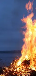 Bonfire illuminating the night by a tranquil lake scene.