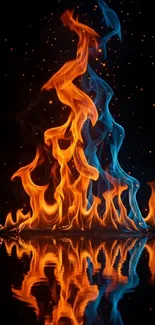 Blue and orange flames with reflection on a black background.