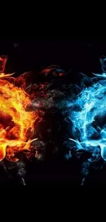 Wallpaper with blue and orange flames on a black background, creating high contrast.