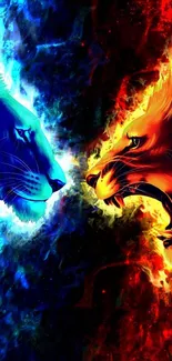 Blue and red lions facing off in vibrant art wallpaper.