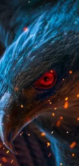 A close-up of a blue bird with fiery eyes, surrounded by glowing sparks.