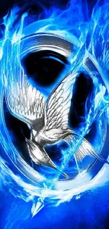 A silver bird encircled by bright blue flames on a dark background.