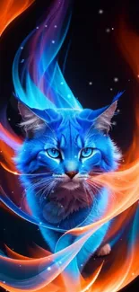 A blue cat surrounded by vibrant orange and blue flames on a dark background.