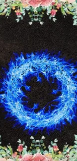 Blue fiery ring with floral accents on a dark background.