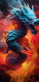 Blue dragon surrounded by vibrant flames on mobile wallpaper.