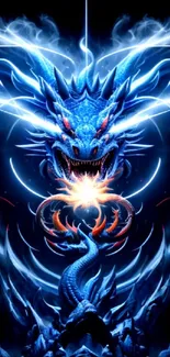 Dynamic blue dragon with fiery energy and smoke trails.