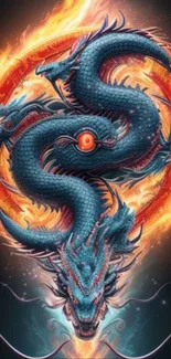 Blue dragon intertwined with fiery rings on a dark background.