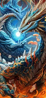 Blue and fiery dragon wallpaper for mobile device.