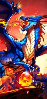 Epic blue dragon breathing fire wallpaper.