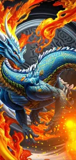 Majestic blue dragon surrounded by flames in vivid mobile wallpaper.