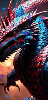 A vibrant blue and red dragon with fiery background mobile wallpaper.