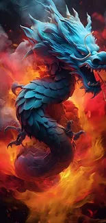 A striking blue dragon emerges from fiery orange flames, creating a dynamic wallpaper.