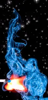 Blue flame and match against a starry black background on mobile wallpaper.