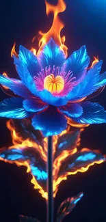 Vibrant blue flower with orange flames.