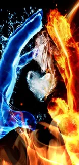 Wallpaper with flaming and icy hands forming a heart.