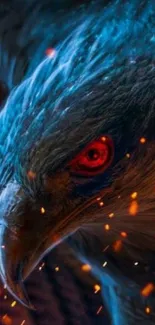 Fiery blue hawk with red eyes and sparks at night.