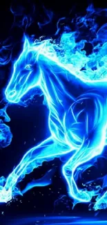 Fiery blue horse in digital art with electric flames and dark background.